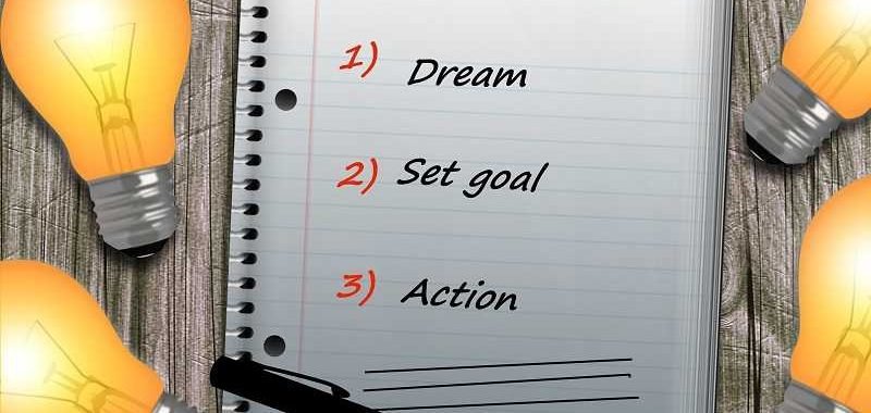 Will definition, a notebook that contains the word "dream", "set goal" and "action".