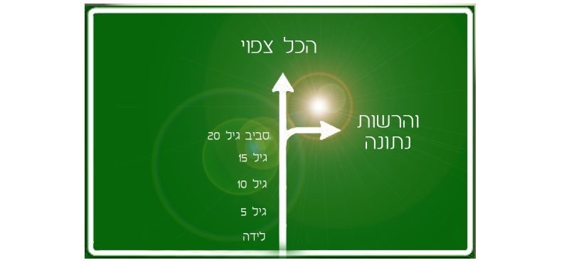 הכל צפוי והרשות נתונה שלט דרכים ירוק עם חץ קדימה למילים הכל צפוי וחץ ימינה למילים רשות נתונה